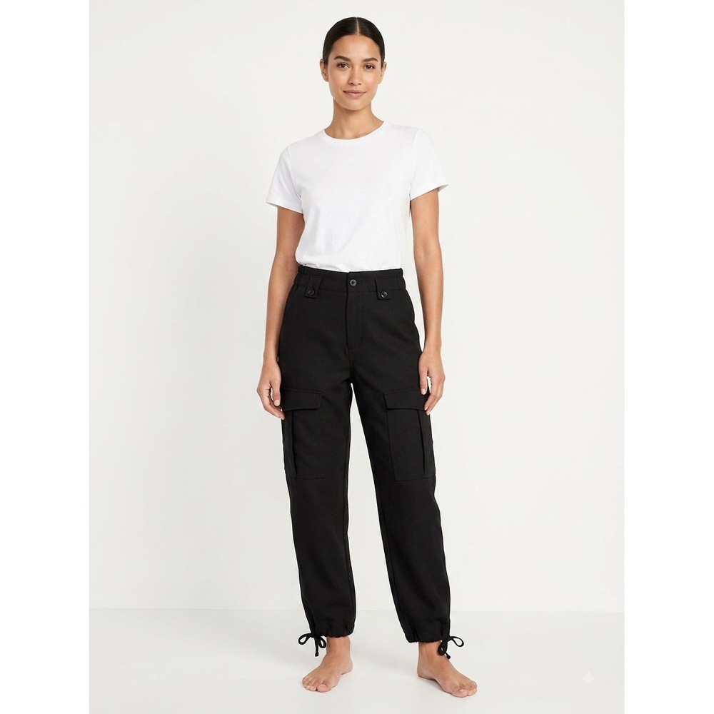Banana Republic Cargo Pants Womens 2S Black Wool Ankle Tie Hem High Rise Outdoor